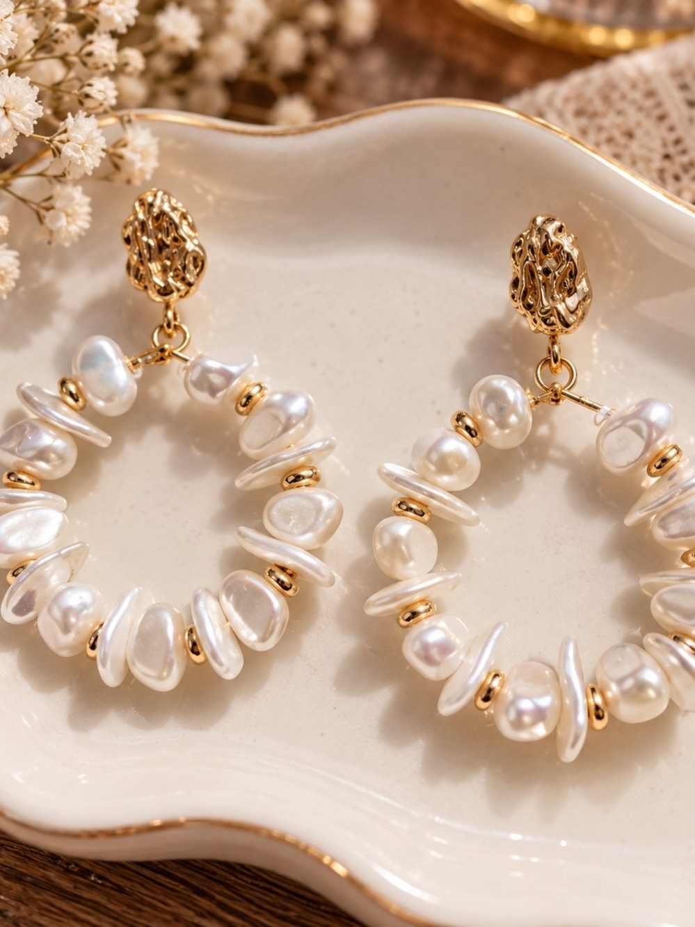 Gold & Faux Pearl Hoop Dangle Drop Earrings - Women Jewelry New